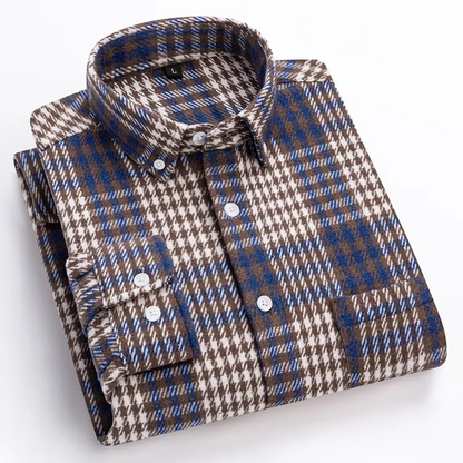 Men's plus size plaid long sleeve shirt in 7XL cotton blend with single chest pocket