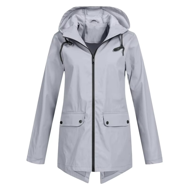 Women's waterproof hooded trench coat in neutral tone, velvet-lined windbreaker with belted waist