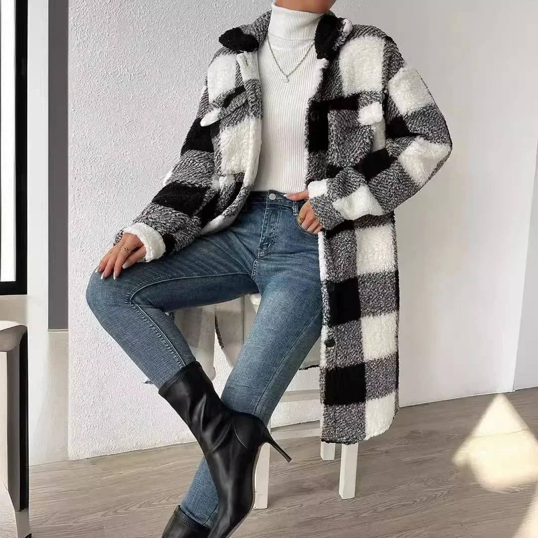 Longline plaid trench coat with faux fur lining, open lapel, relaxed loose fit in classic pattern