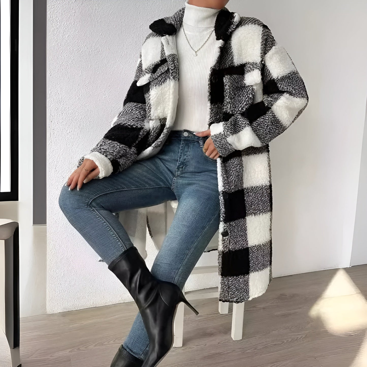 Estella women's plaid fleece open trench coat, cozy fall layering piece in classic checkered pattern