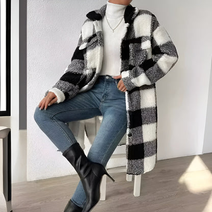 Estella women's plaid fleece open trench coat, cozy fall layering piece in classic checkered pattern
