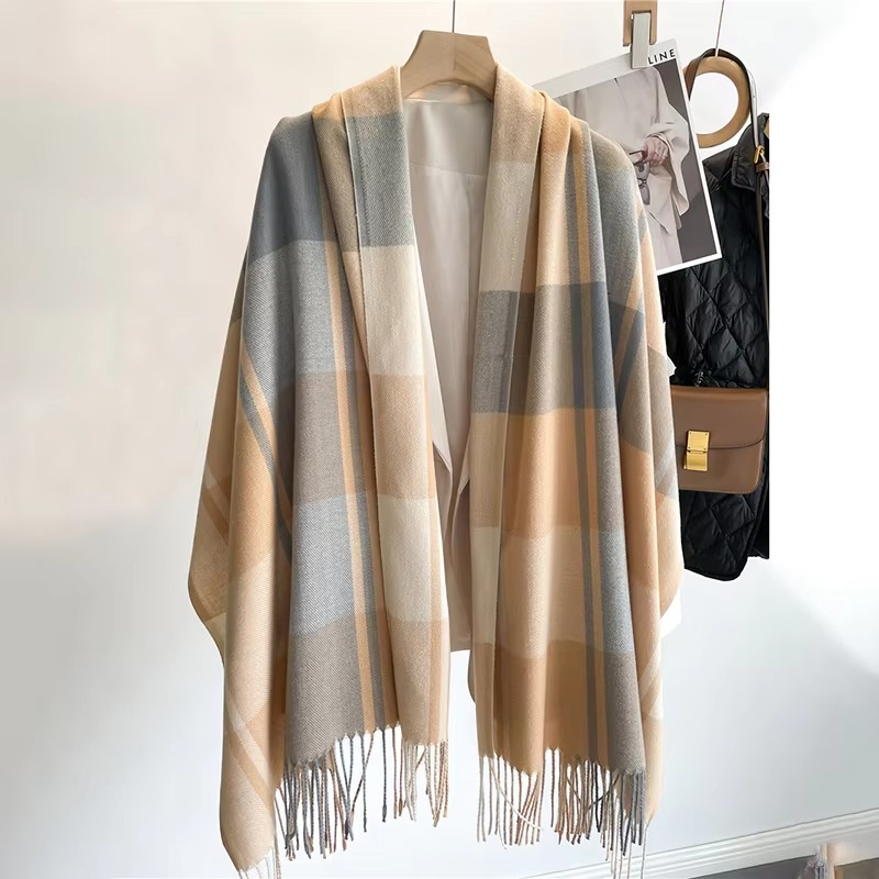 Women's plaid cashmere winter scarf in warm tones, thick pashmina shawl with decorative tassels