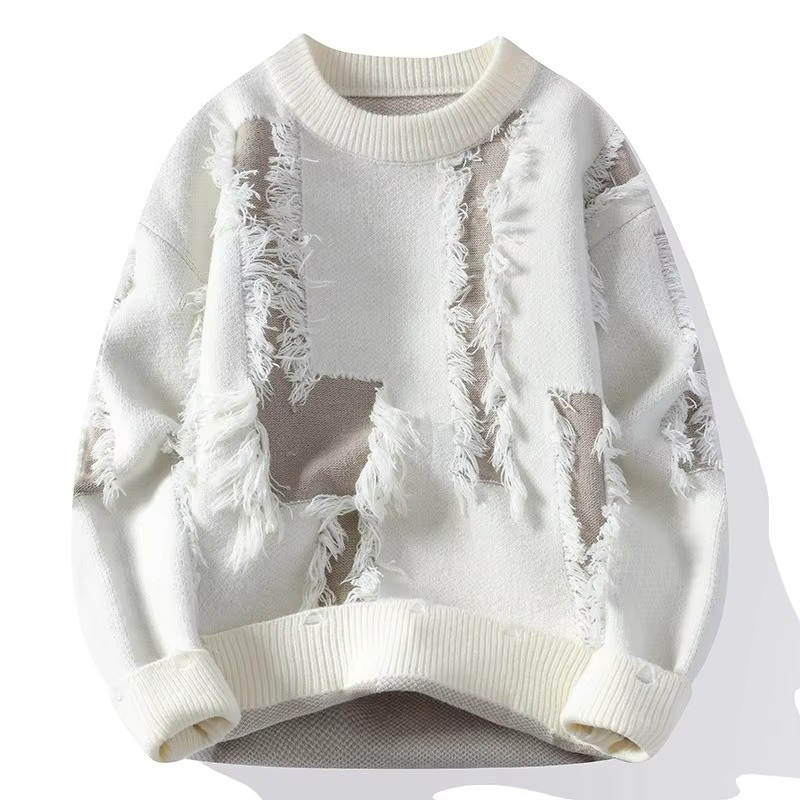 Men's distressed ripped patchwork knit sweater loose fit crew neck pullover with raw-edge detail