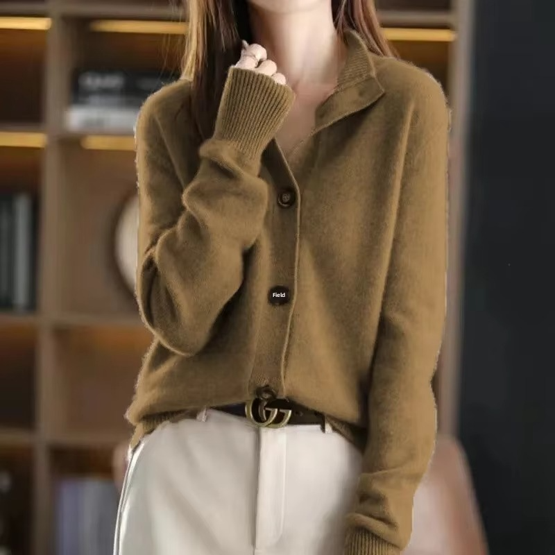 Women's knit cardigan jacket stand collar cozy loose fit sweater coat autumn winter