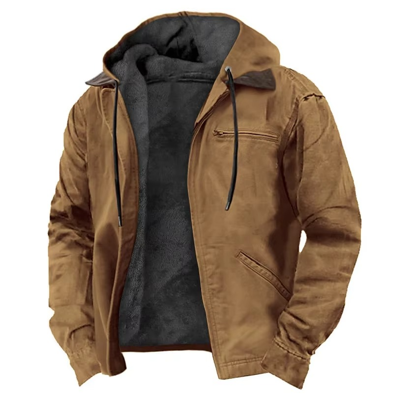 Men's winter fleece hooded jacket with zipper pockets, warm lining, casual outdoor fit