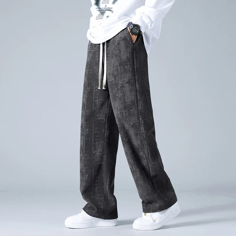 Azure blue corduroy sweatpants relaxed wide-leg fit with drawstring waist and utility pockets