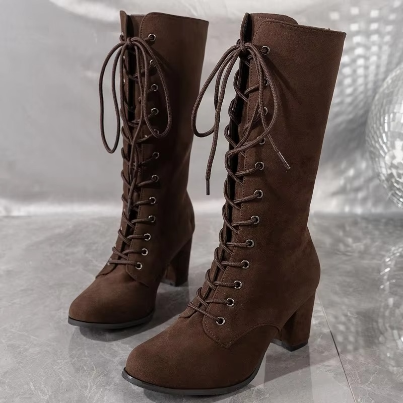 Women's high lace-up winter boots with round toe, sturdy block heel, and slip-resistant sole