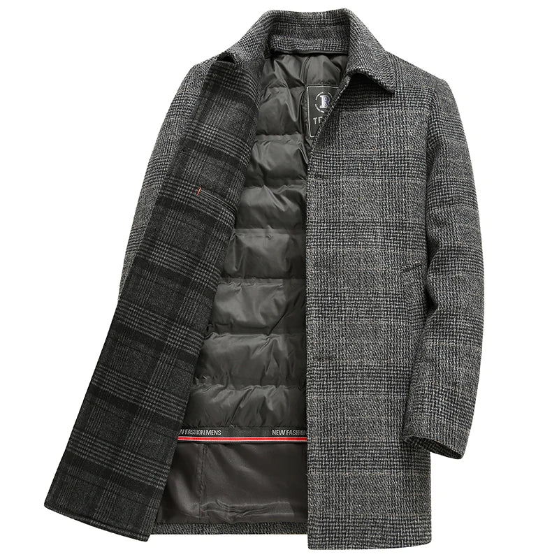 Gray plaid wool-blend trench coat classic straight loose mid-length silhouette for city style