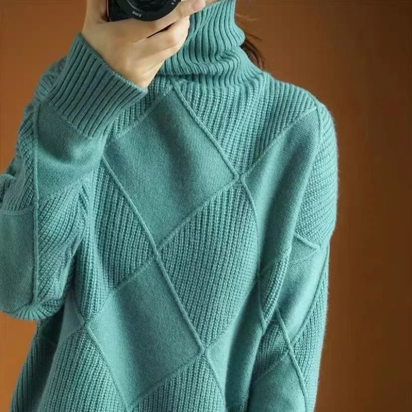 Allegra diamond knit cashmere turtleneck sweater tailored fit lightweight warmth layering essential