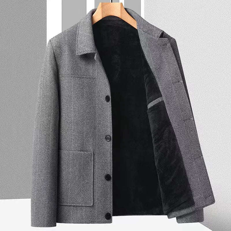 Charcoal herringbone short coat tailored fit turndown collar patch pockets wool blend