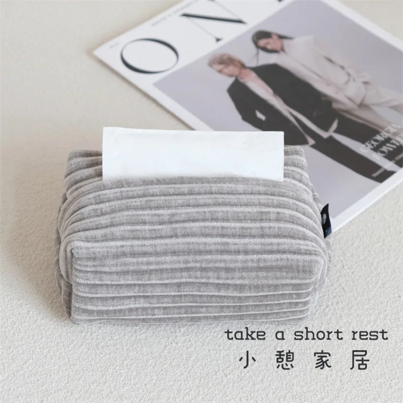 Jacquard corduroy tissue box cover with plush tactile nap and subtle woven pattern for home decor