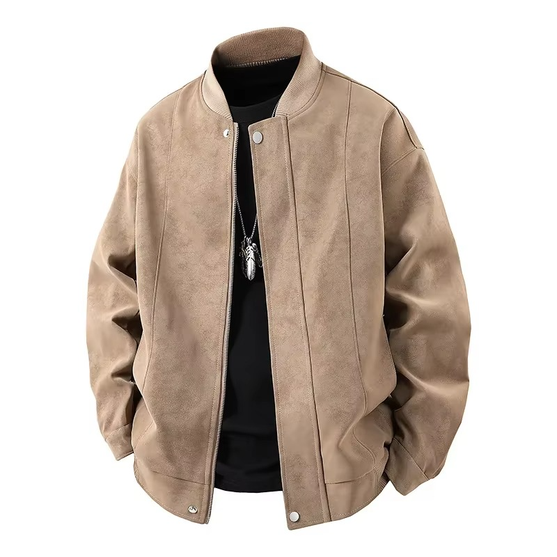 Men black faux leather bomber jacket Hong Kong streetwear style lightweight breathable tailored waist-length fit