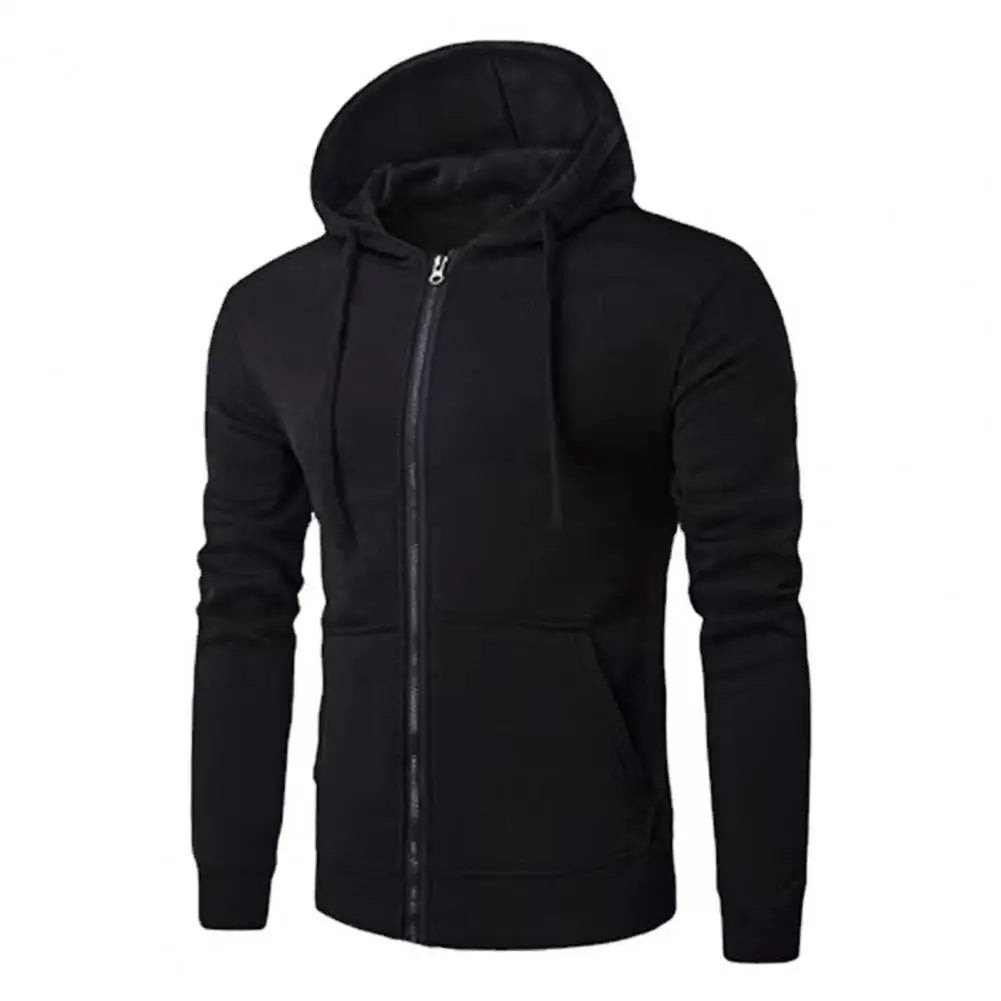 Men's gray zip-up street hoodie with attached drawstring hood, clean urban cut for everyday wear