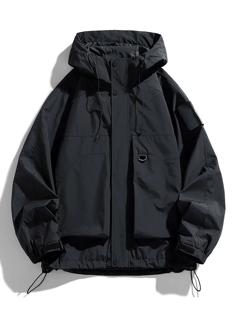 Men's black windproof hooded jacket relaxed oversized fit with utility pockets and adjustable hood