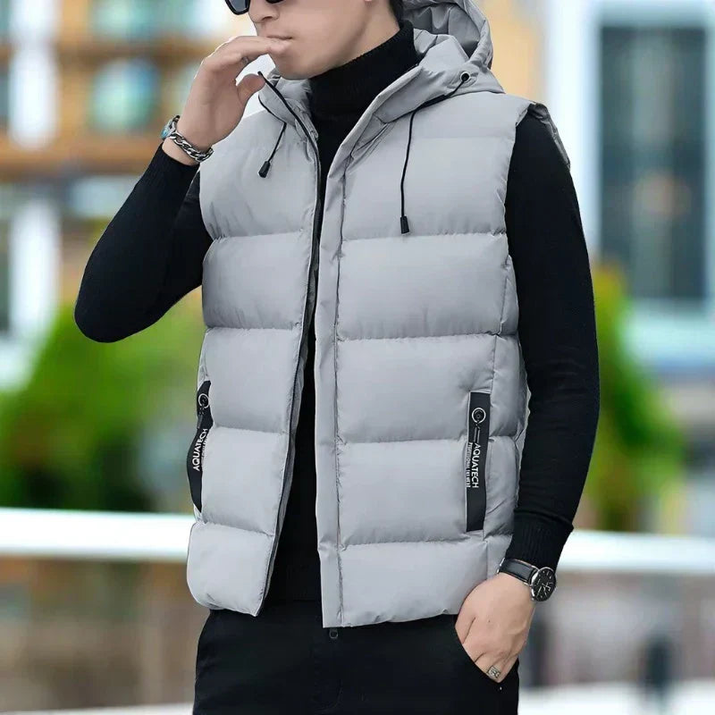 Men's slim fit quilted insulated hooded vest with zipper pockets, lightweight layering piece