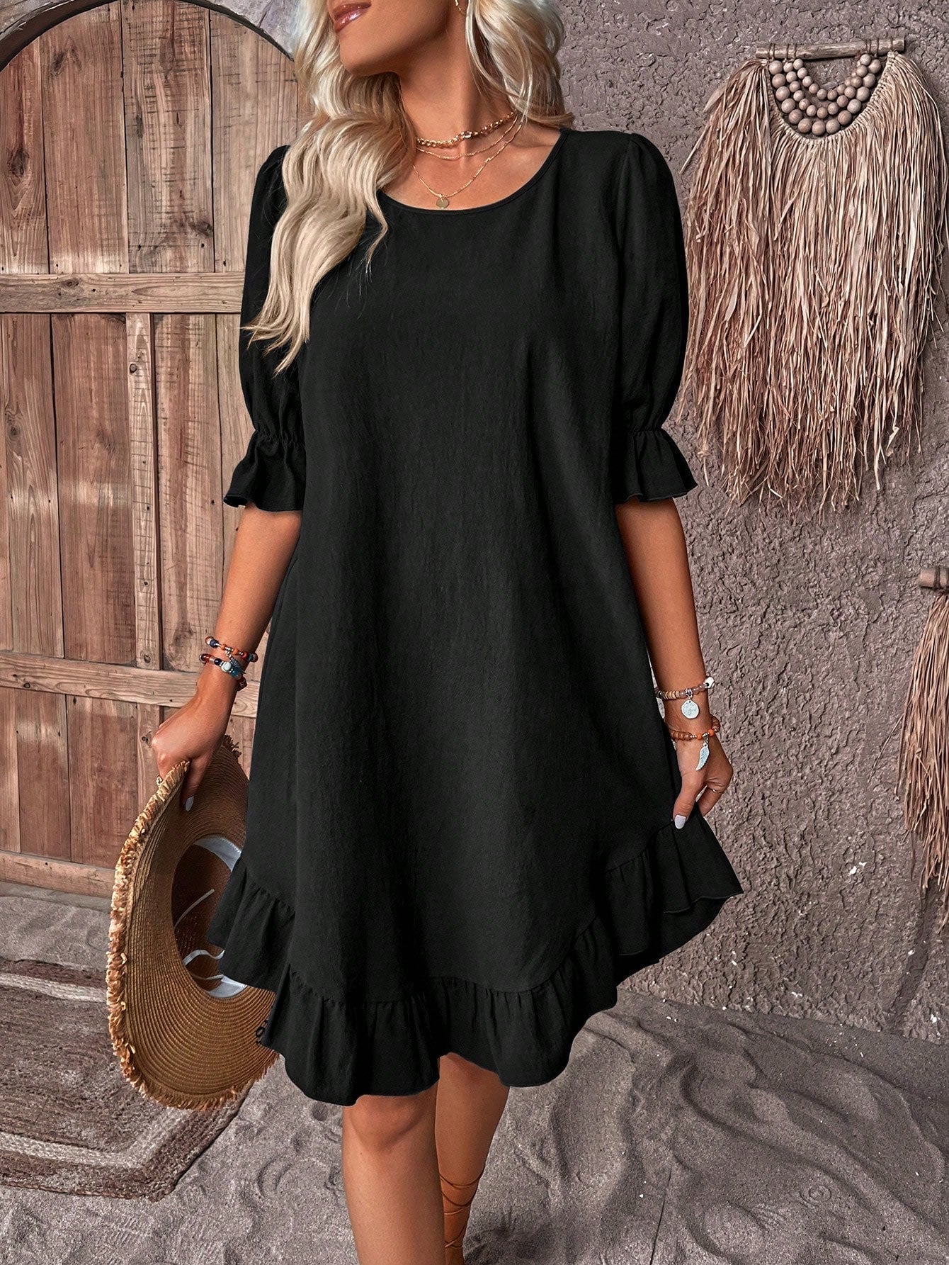 Flowy tummy-covering summer dress with delicate ruffles, relaxed feminine fit for warm-weather occasions