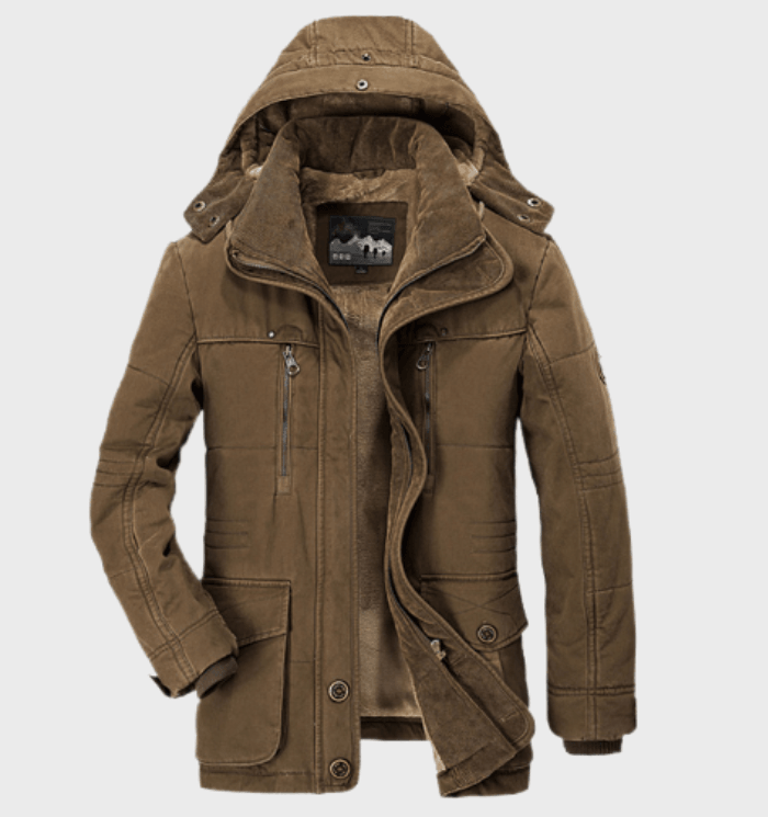 Men's olive green waterproof winter jacket with insulated lining and breathable shell for cold weather