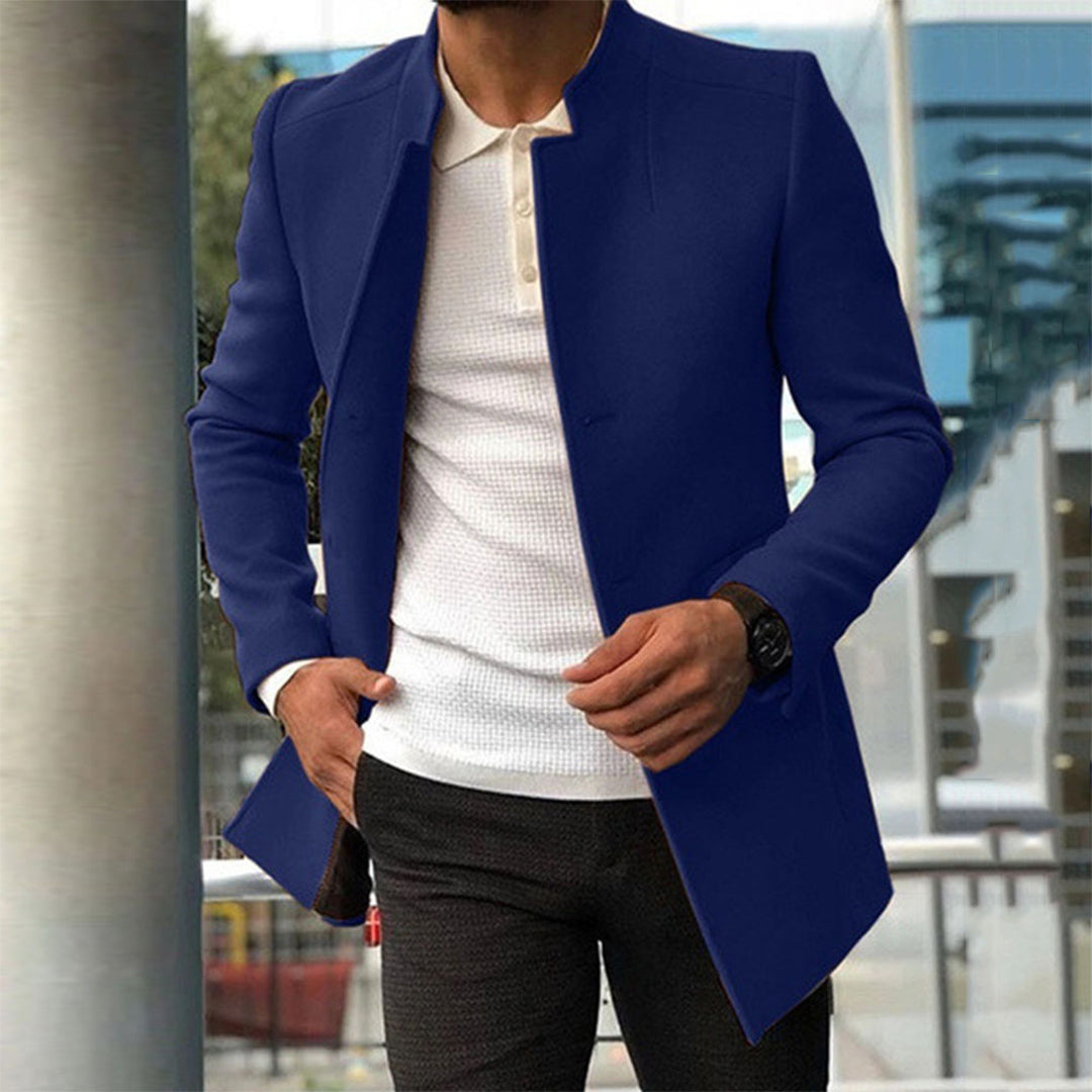 Men's slim fit long coat tailored winter outerwear in classic neutral tone with structured shoulders