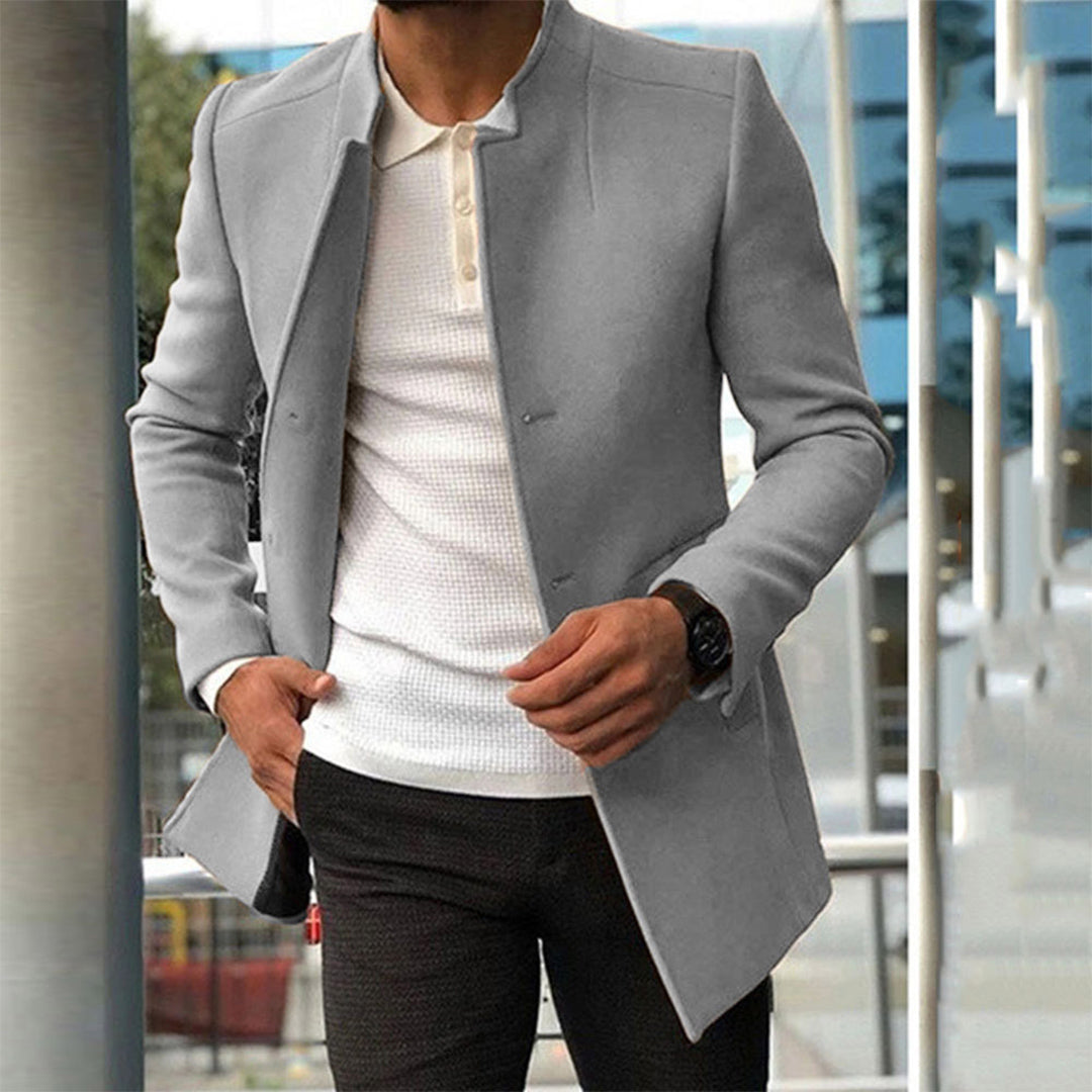 Men's slim fit long coat tailored winter outerwear in classic neutral tone with structured shoulders
