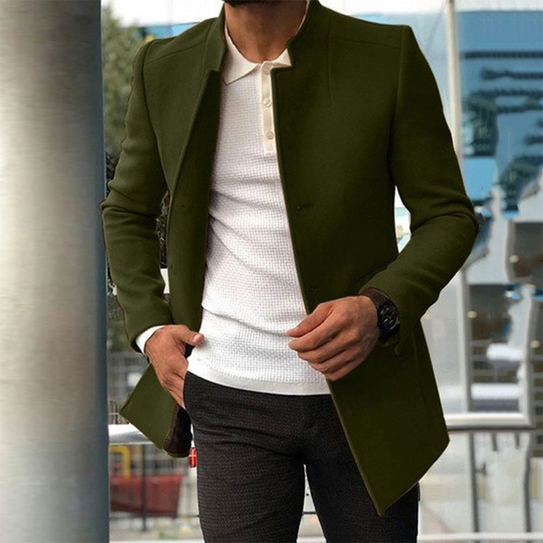 Men's slim fit long coat tailored winter outerwear in classic dark tone with structured shoulders
