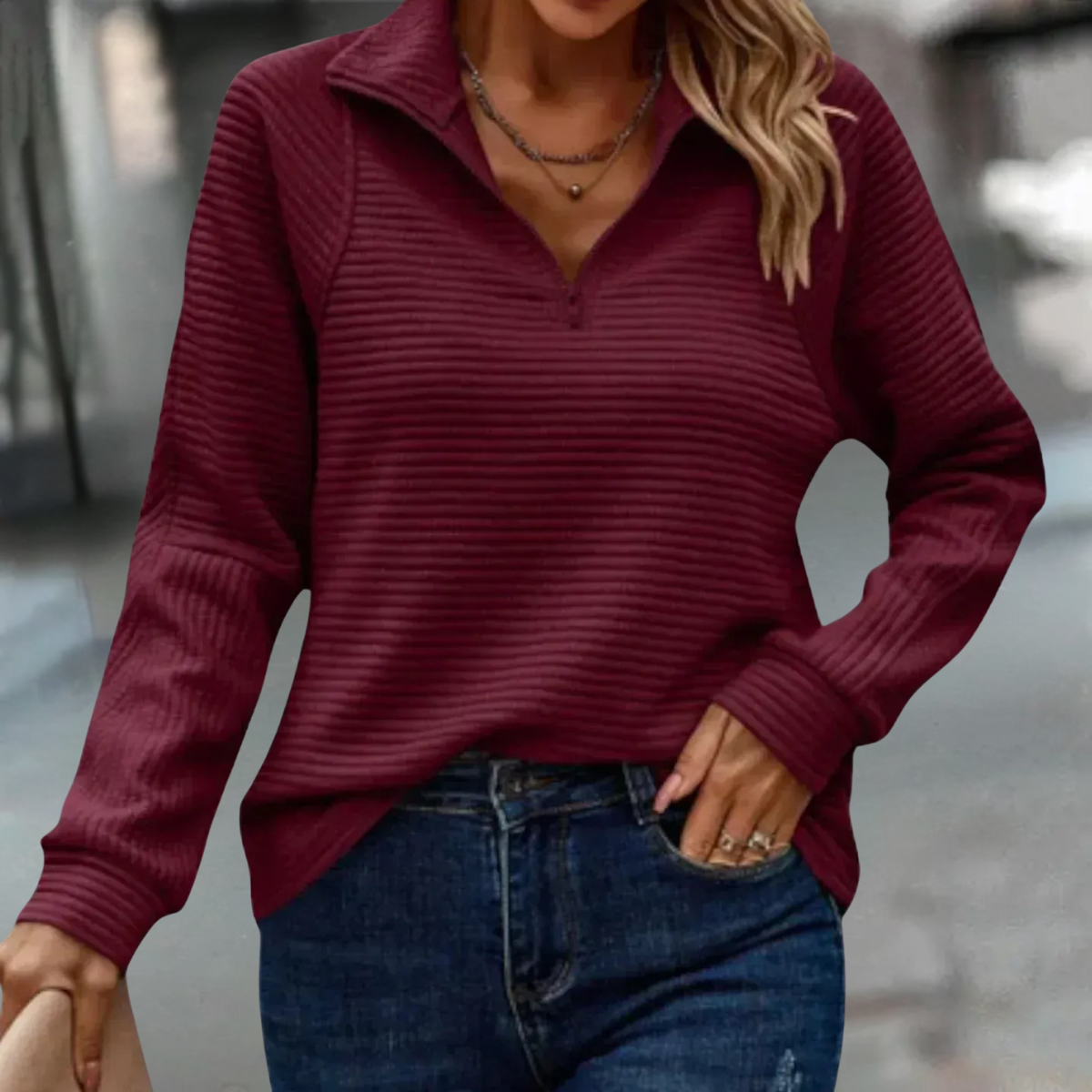 Krista halfzip pullover V-neckline casual chic modern zipper detail comfortable versatile fit