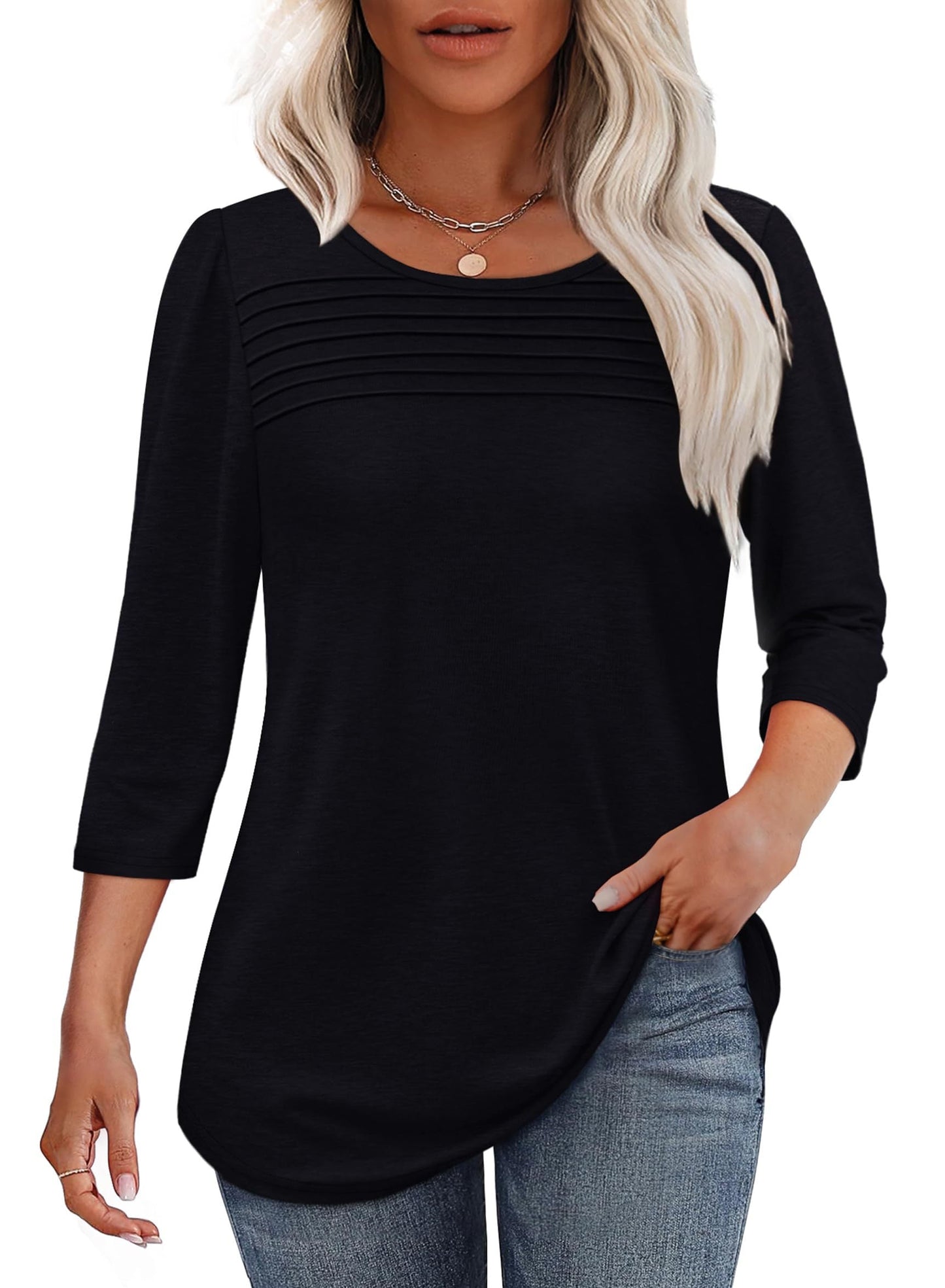 Women's crew neck 3/4 sleeve top with tonal pin-tuck chest pleating for a polished casual look