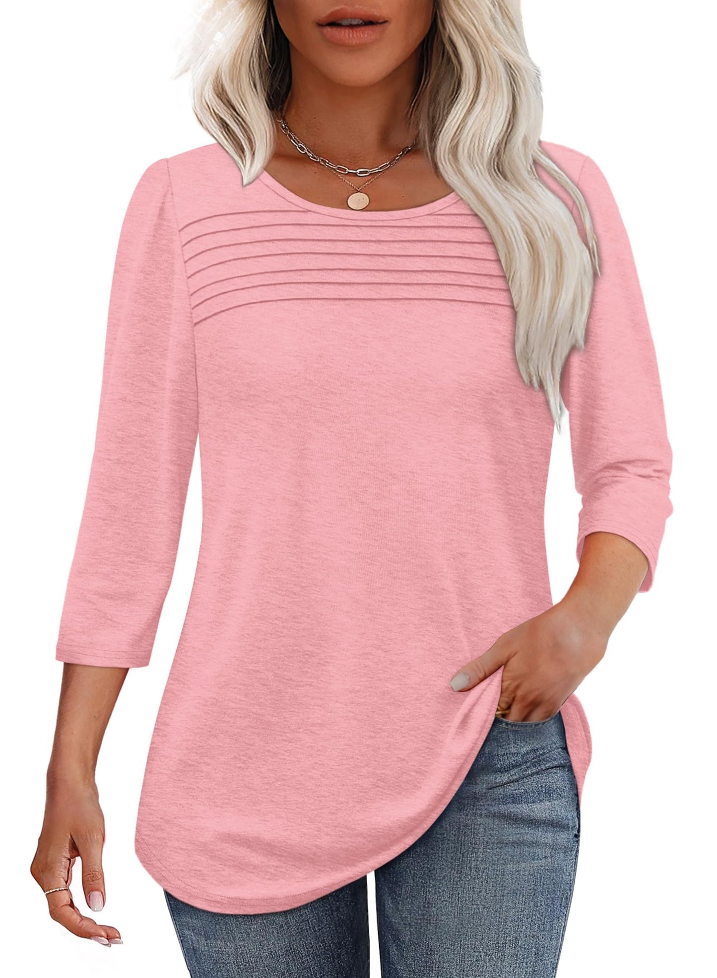 Women's crew neck 3/4 sleeve top with tonal pin-tuck chest pleating for a polished casual look
