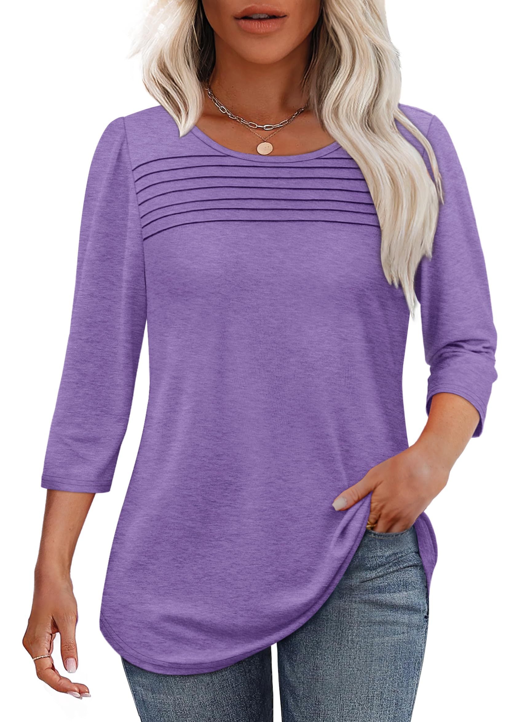 Women's crew neck 3/4 sleeve top with tonal pin-tuck chest pleating for a polished casual look