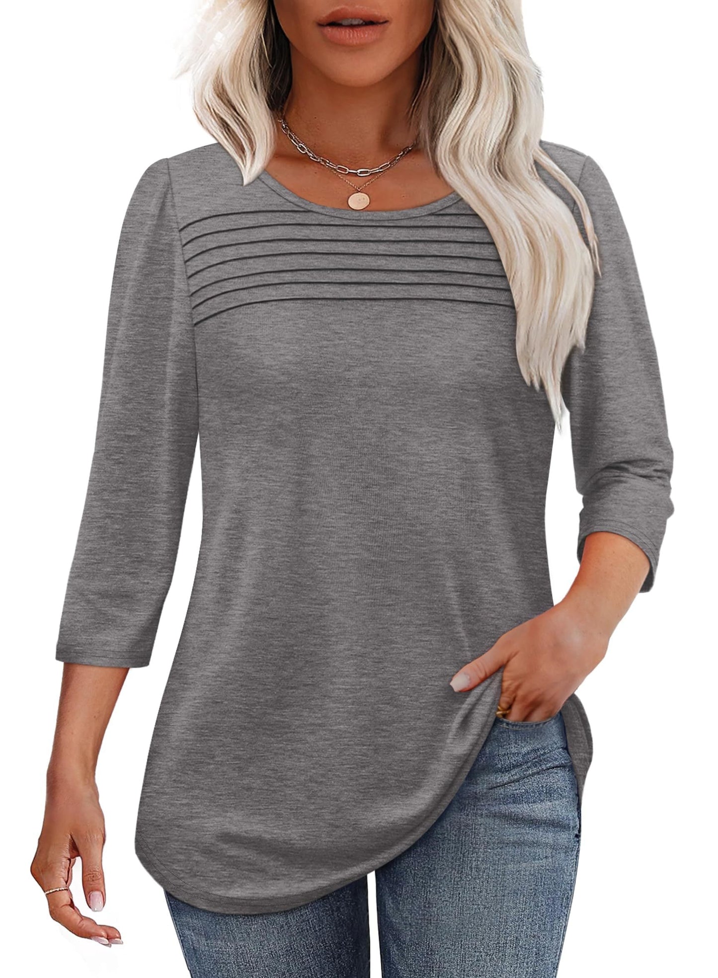 Women's crew neck 3/4 sleeve top with tonal pin-tuck chest pleating for a polished casual look