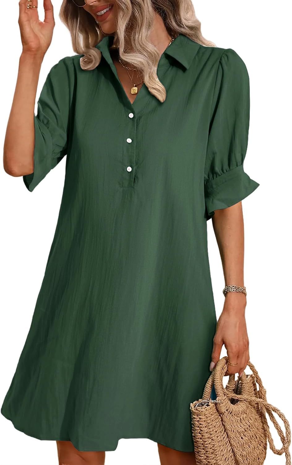 Black women's button-down shirt dress, A-line silhouette, 3/4 sleeves with flared ruffle cuffs