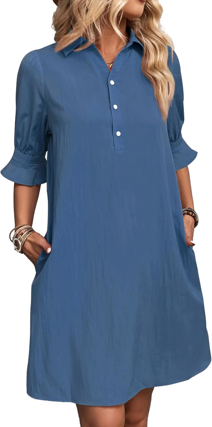 Black women's button-down shirt dress knee-length A-line silhouette with flared ruffle cuffs and 3/4 sleeves
