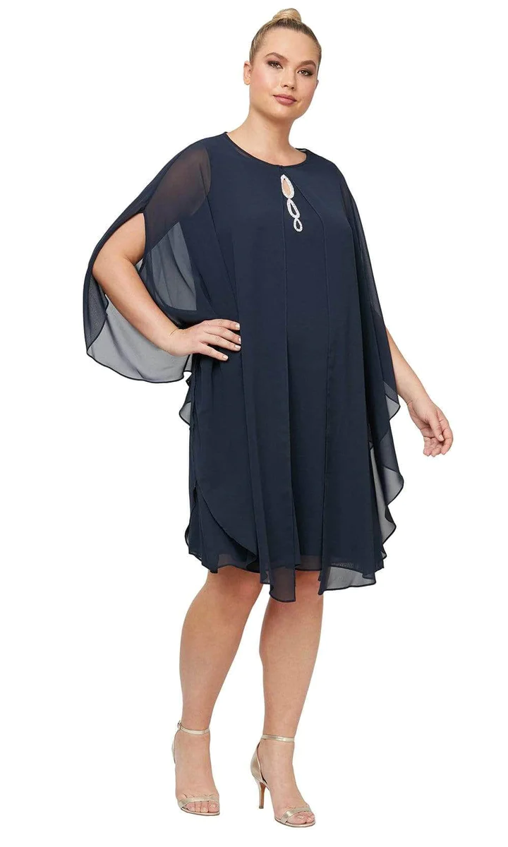 Navy chiffon sleeveless mother of bride knee-length column dress with beaded keyhole mesh cardigan