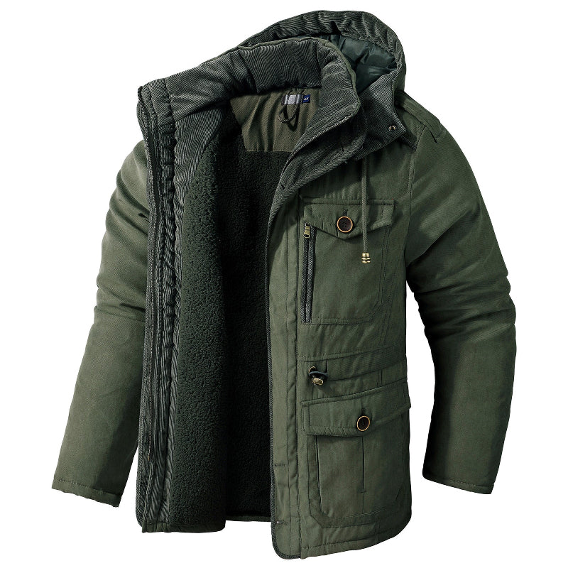 Cream sherpa-lined Snowball Jacket with multi-pocket design, adjustable hood, and high collar for cold weather
