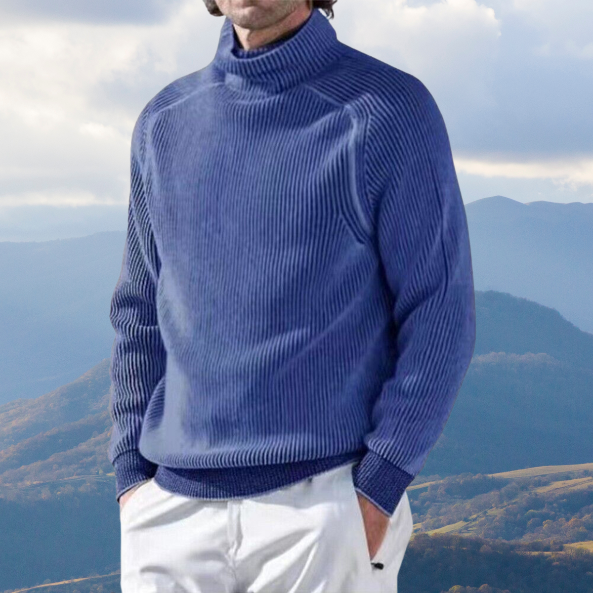 Men's ribbed turtleneck sweater in soft knit, slim casual fit with structured high collar for warmth