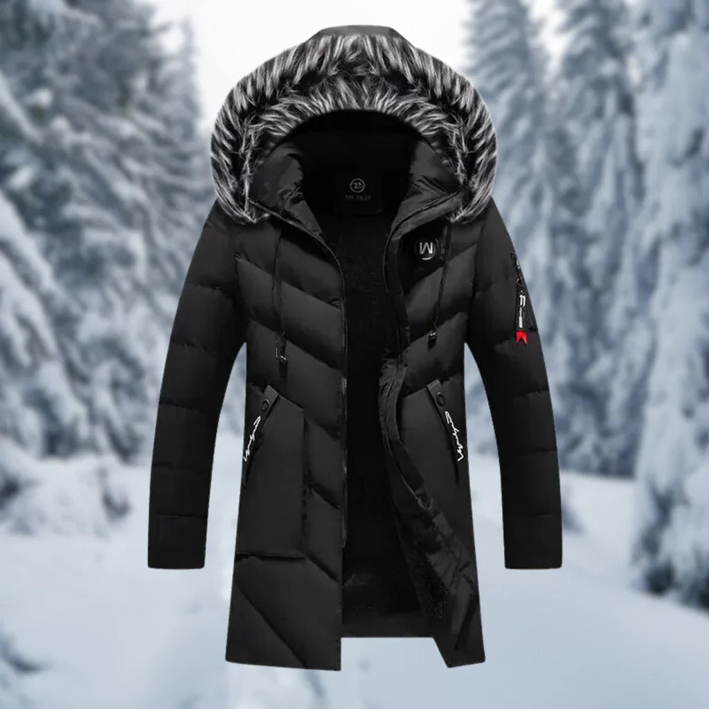 Men's oversized quilted jacket with faux fur hood, ribbed cuffs, zip pockets, winter streetwear style