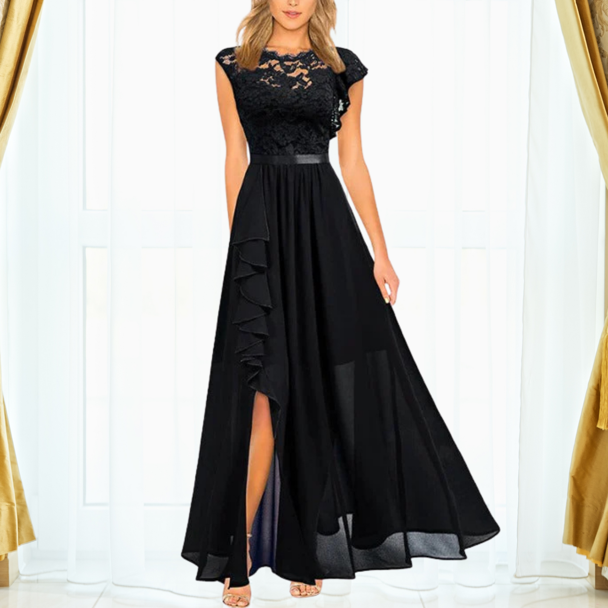 Women's ivory lace chiffon maxi dress with ruffle-trimmed high split formal gown