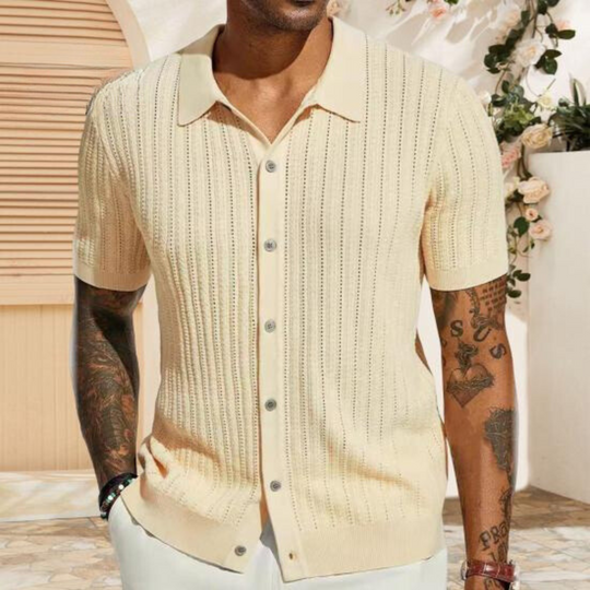 Men's ribbed knit button-up shirt regular fit short sleeve casual everyday top