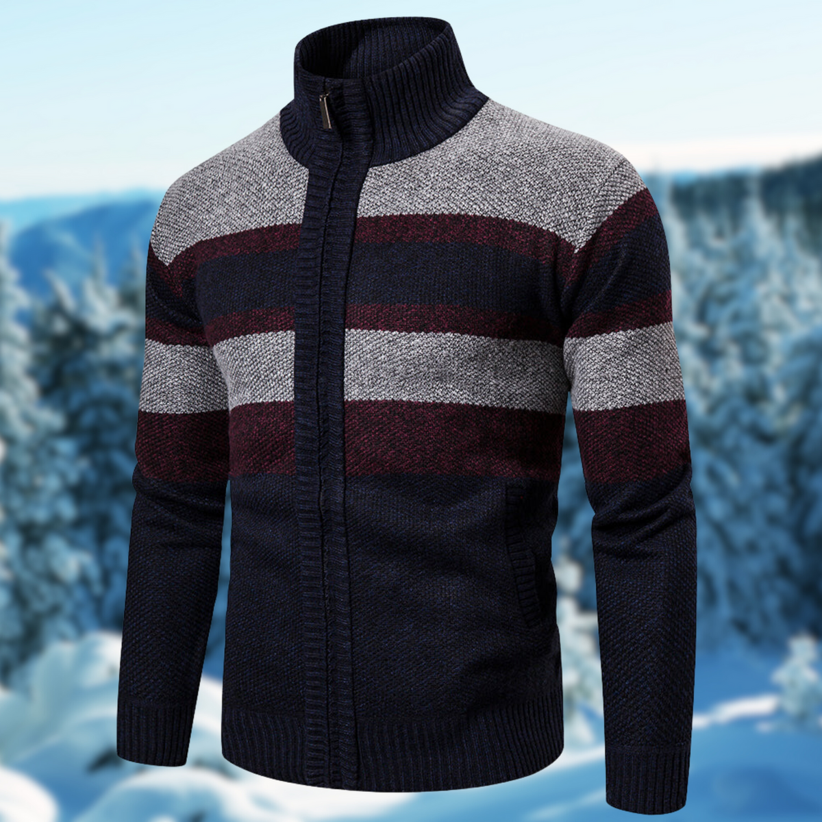 Men's regular fit knit jacket textured striped full-zip ribbed mock neck warm cozy layer