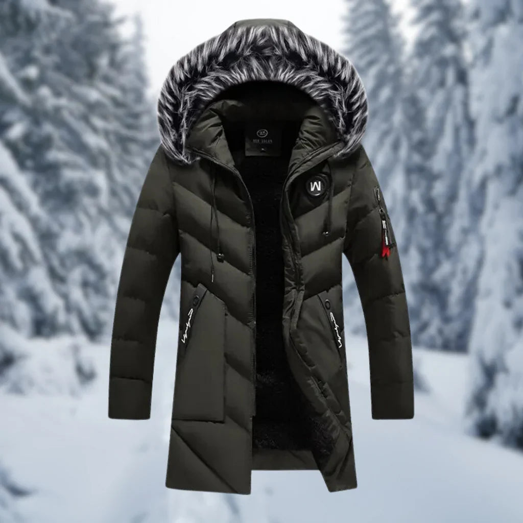 Men's oversized quilted jacket with faux fur hood, ribbed cuffs, zip pockets, winter outerwear