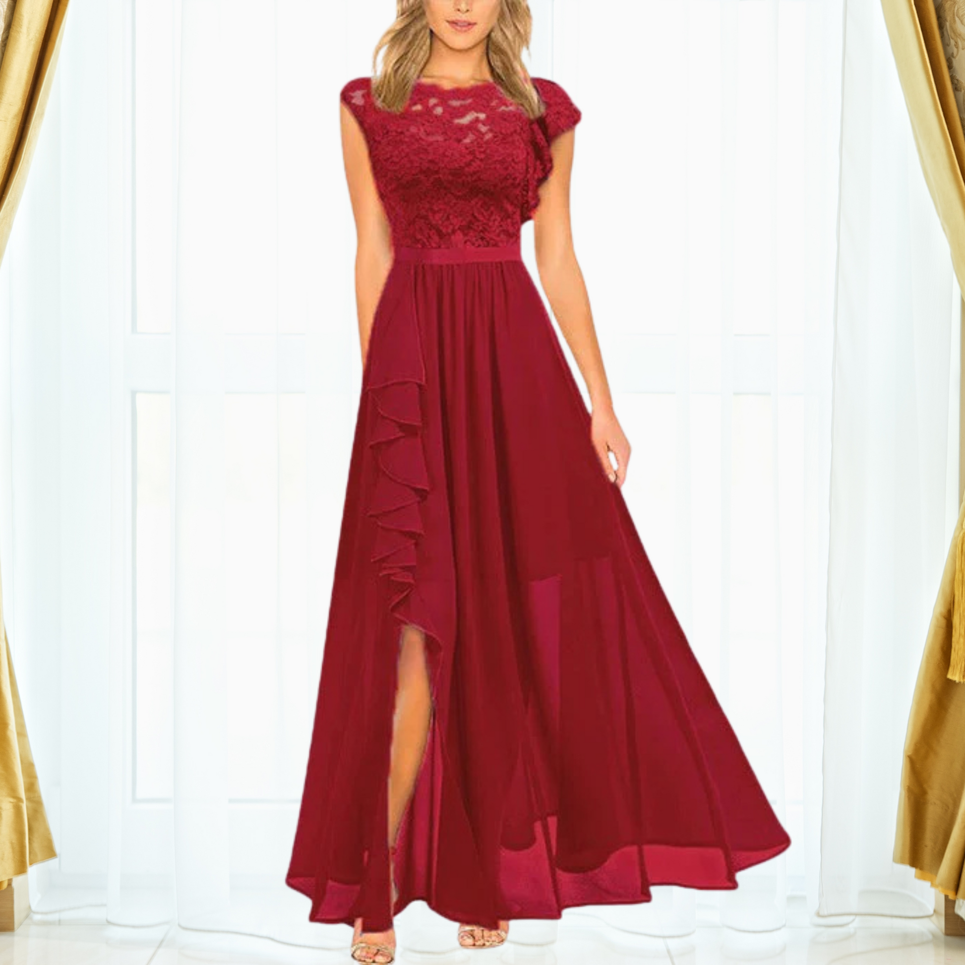 Women's ivory lace chiffon maxi dress with ruffle-trimmed high split formal gown