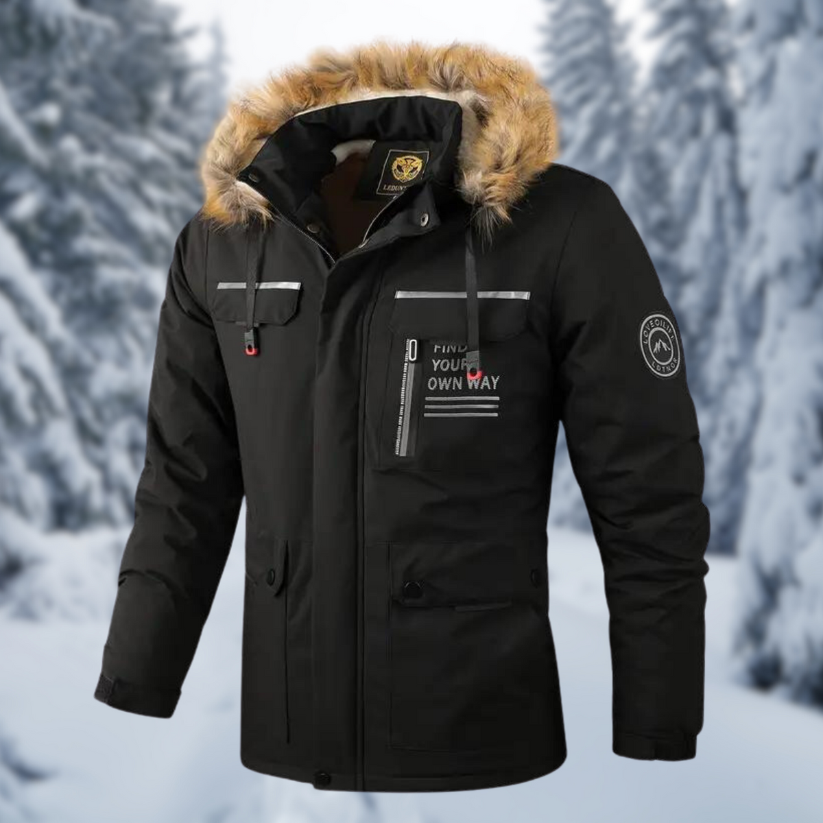 Men's navy insulated winter jacket with faux fur hood, water-resistant slim-fit silhouette by Wavlynn