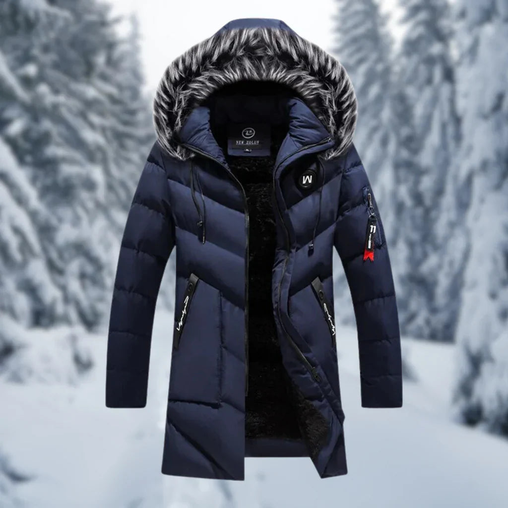 Men's oversized quilted jacket with faux fur hood, ribbed cuffs, and zip pockets for winter wear