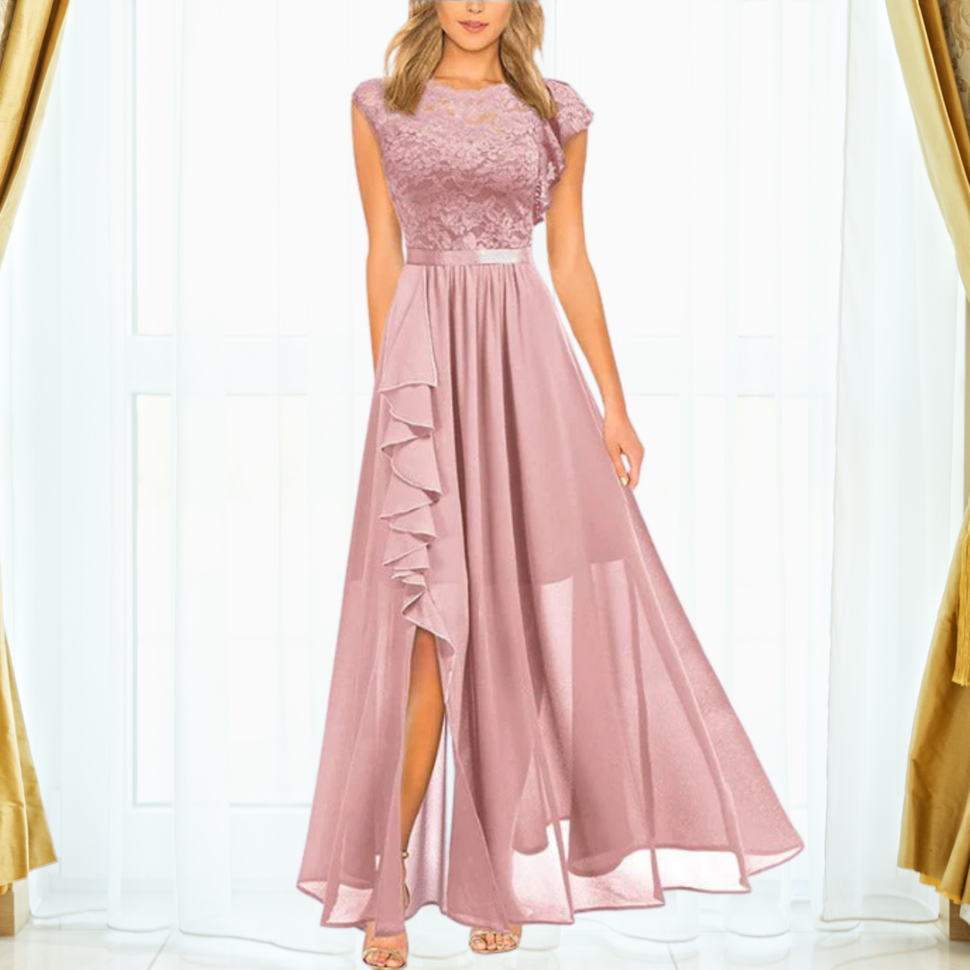 Women's ivory lace chiffon maxi dress with ruffle-trimmed high split formal gown