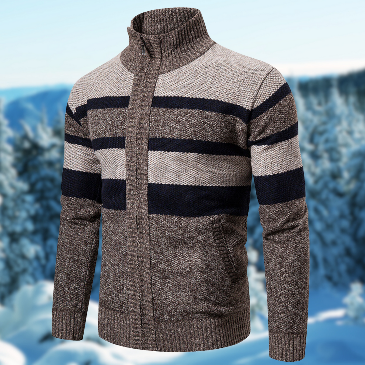Men's regular fit knit jacket textured striped full-zip ribbed mock neck warm cozy layer