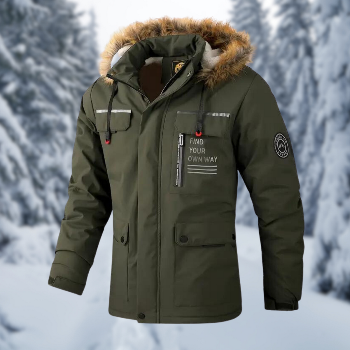 Men's black insulated winter jacket with faux fur hood, water-resistant slim-fit silhouette