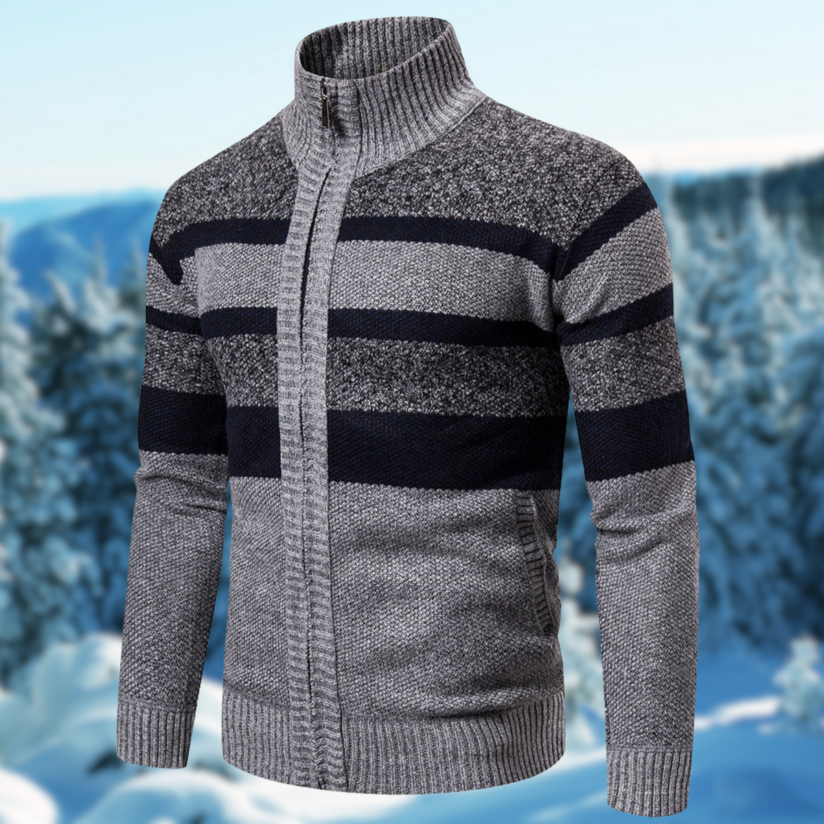 Men's regular fit knit jacket textured striped full-zip ribbed mock neck warm cozy layer