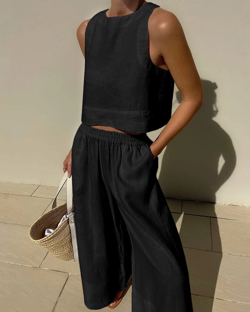 Women's linen two-piece set crop top wide-leg pants coordinated summer outfit vibrant color