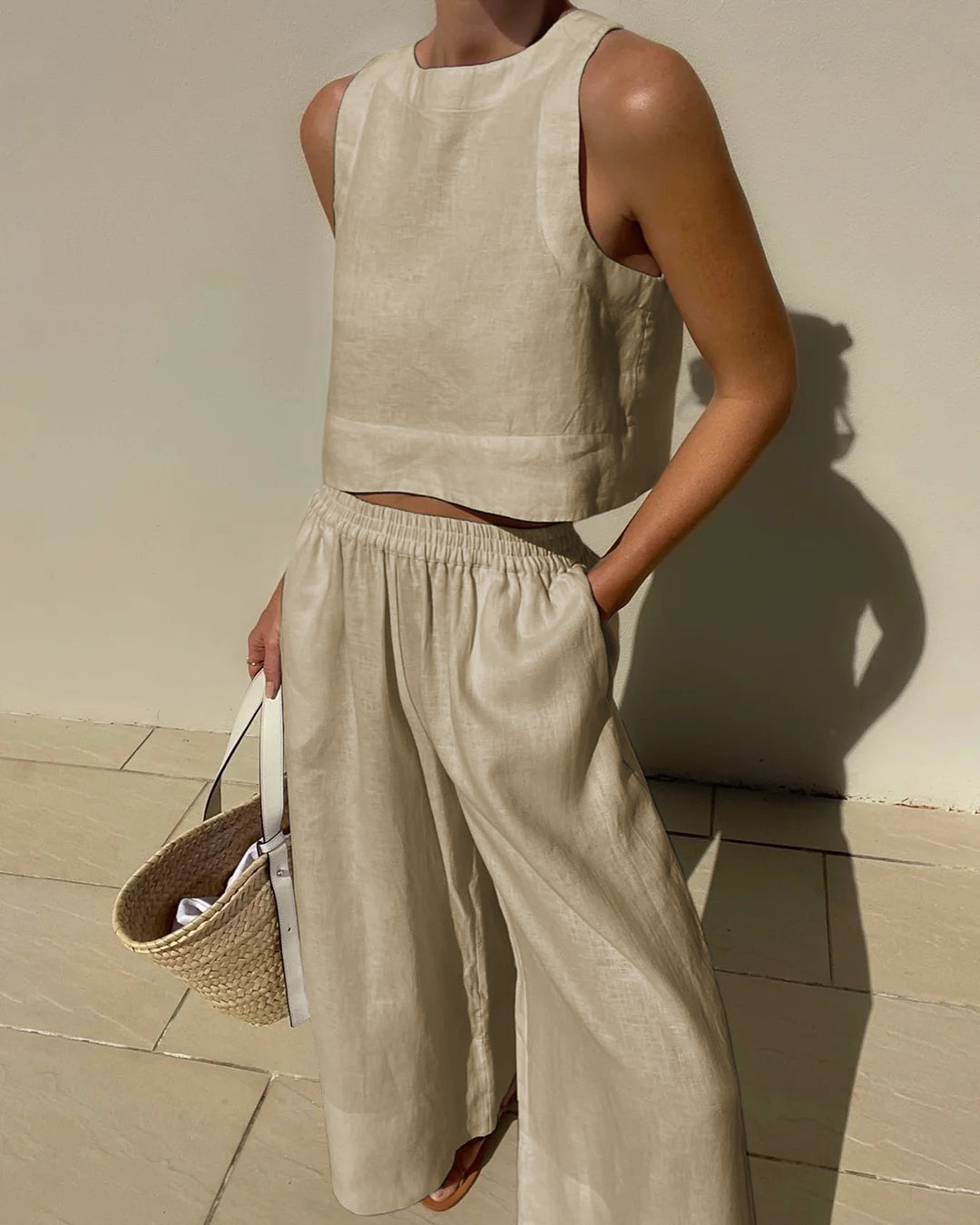 Women's linen two-piece set crop top wide-leg pants vibrant summer coordinated matching outfit