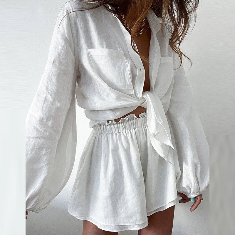 Beige linen two-piece set with tie-front long-sleeve shirt and high-waisted shorts