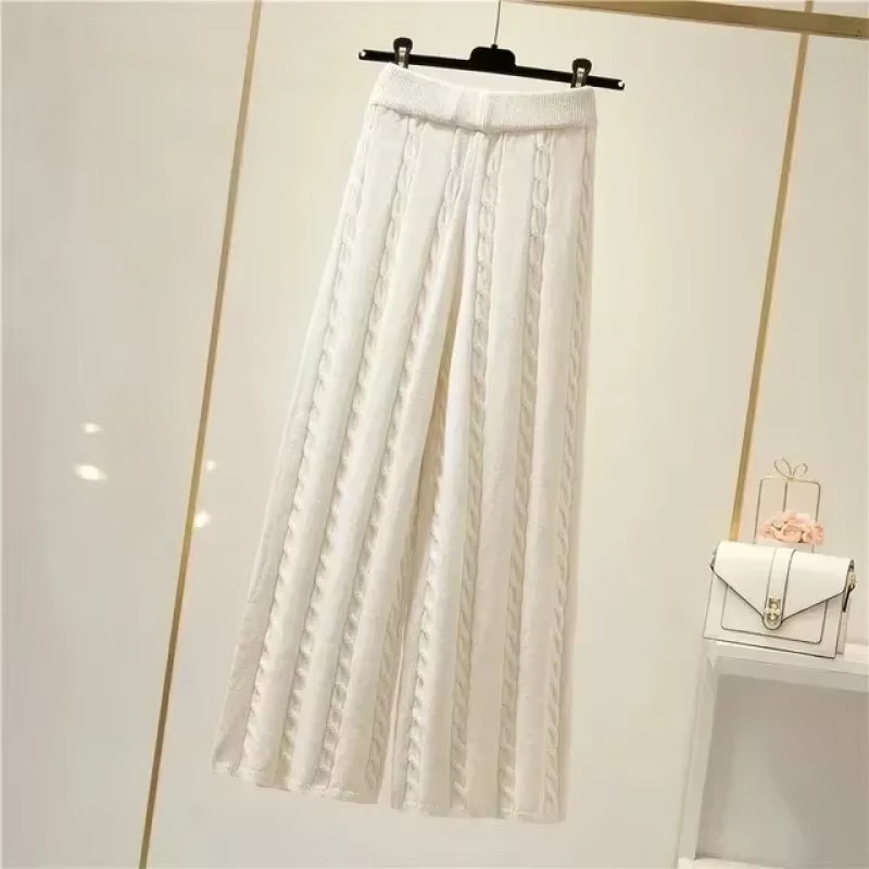 Women's beige cozy knit three-piece set with high-collar sweater and wide-leg pants